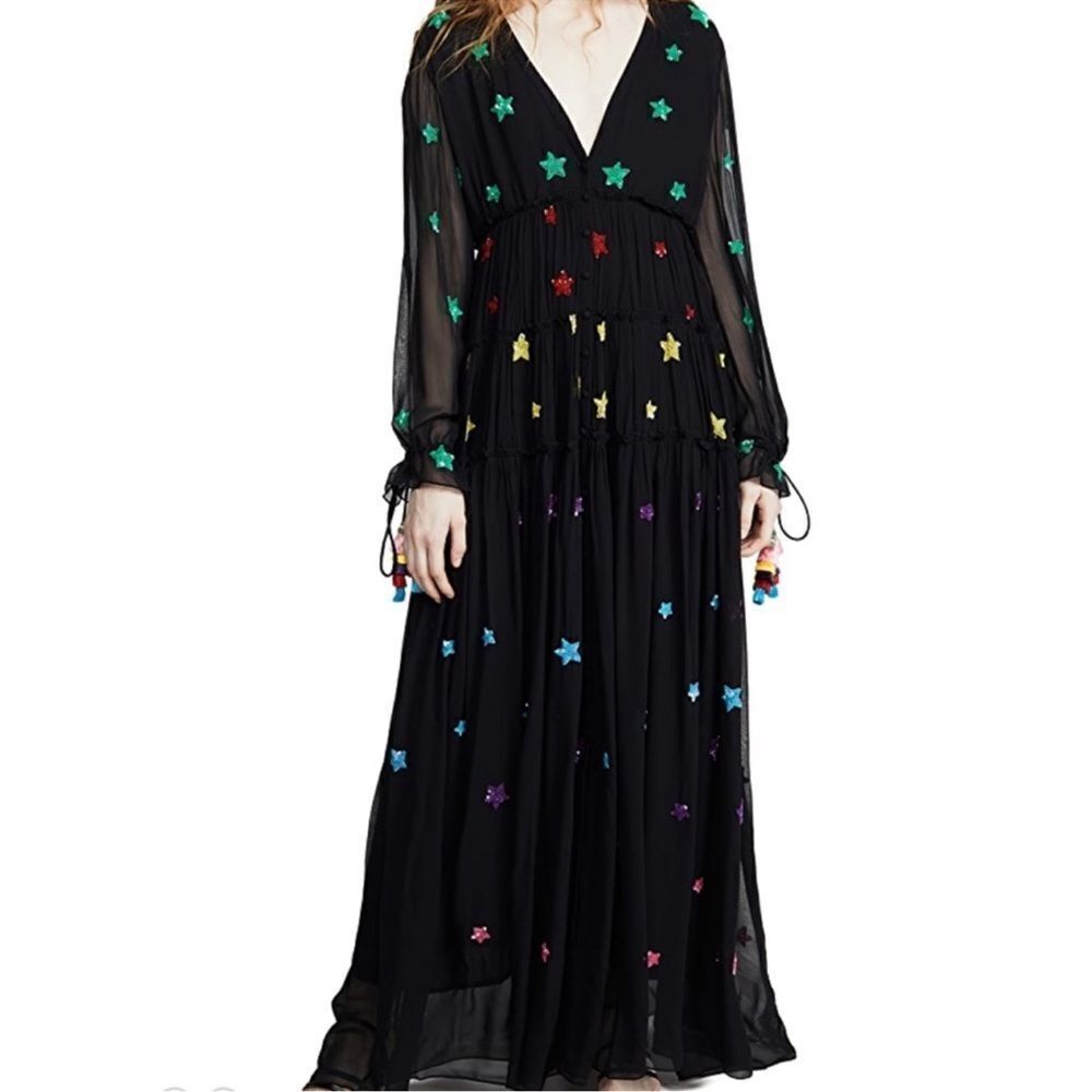 Rococo Sand Etoile Sequined Star Tiered Embellished Ruffles Chiffon Maxi Dress